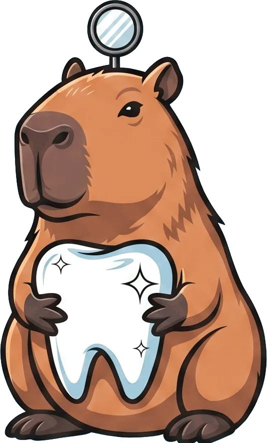Capi, la mascota de DentalCapi, sosteniendo un diente